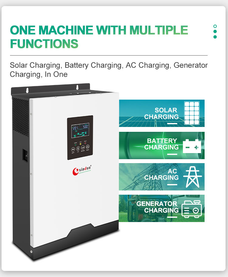 off grid solar powered inverter with solar charging, battery charging, ac charging, generator charging